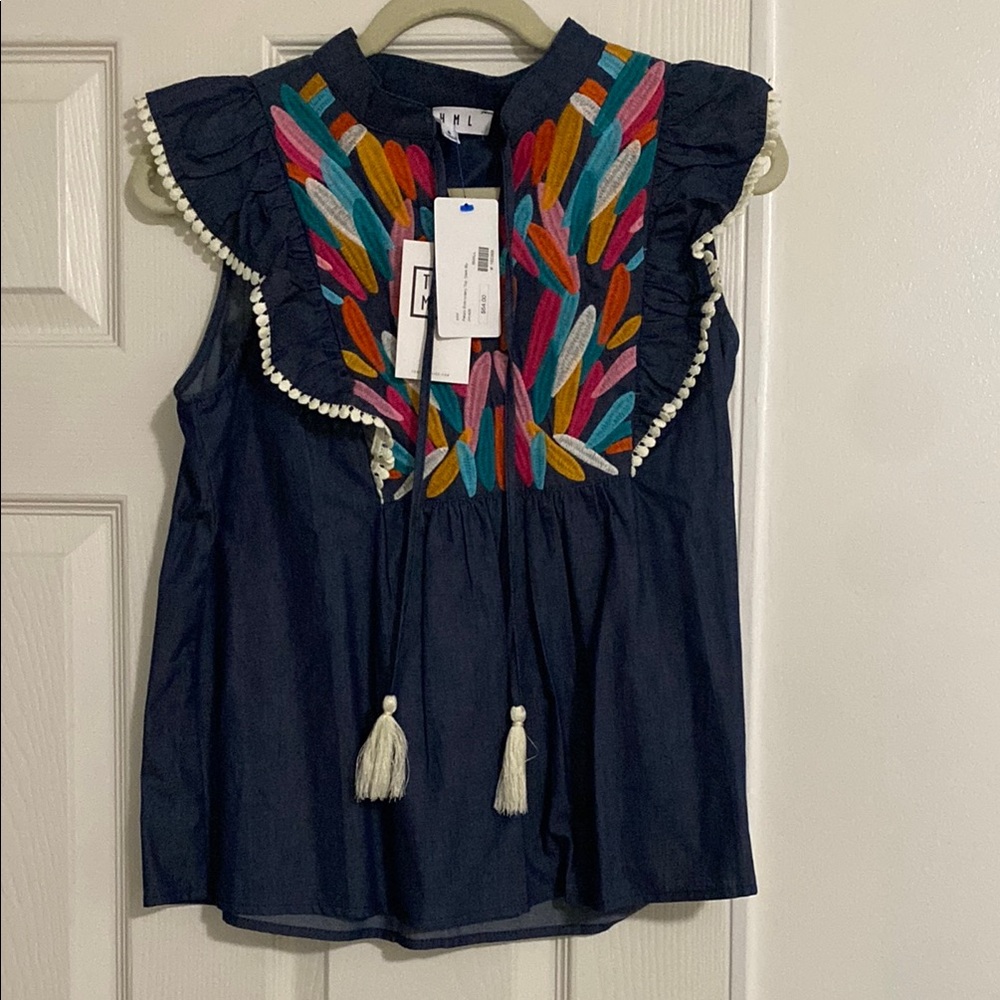 Embroidered Sleeveless Top with Tassels - Size Small